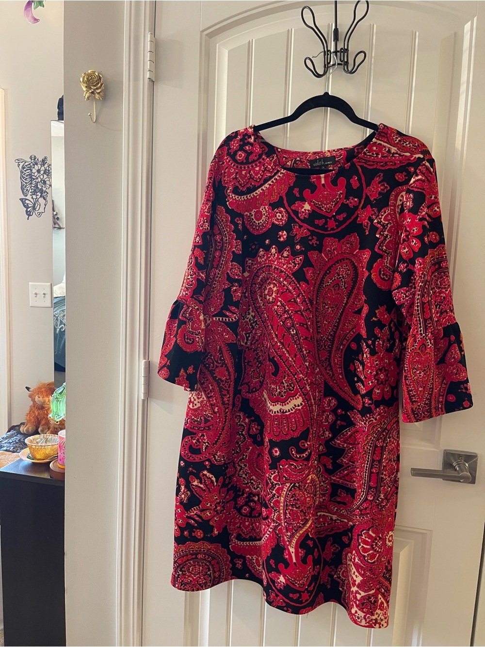 Red Paisley Midi Dress with Flared Sleeves
